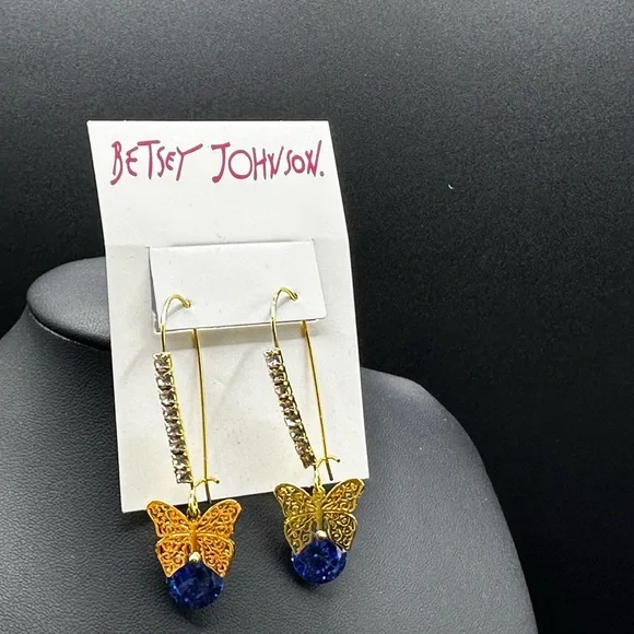Betsey Johnson Gold and Blue Butterfly Drop Earrings - Picture 4 of 4